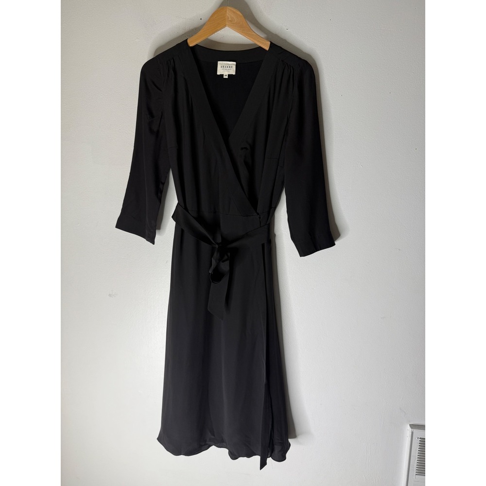 Sezane black silk 3/4 sleeve midi wrap dress size 38 medium